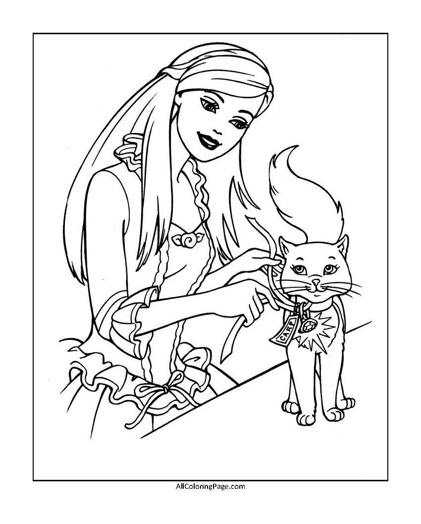 barbie with cat coloring page