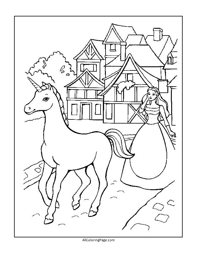 barbie with unicorn coloring page