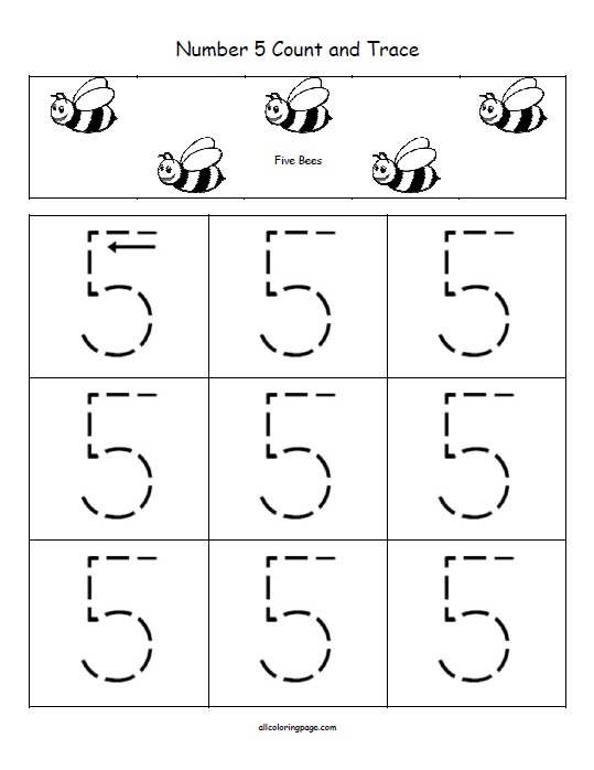 Free Printable Number 5 Count and Trace